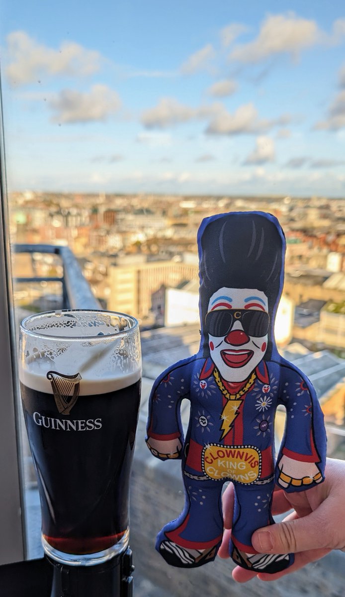 Cottonsmiles's tweet photo. .@Clownvis There is no mystery where #MiniClownvis is here. He made the trek to check out the @homeofguinness with us. The #Guinness and the view was choice. Thanks to #MiniClownvis for keeping us company! He got the best view of Dublin! https://t.co/88HFM2QMbS