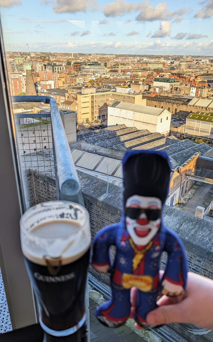 Cottonsmiles's tweet photo. .@Clownvis There is no mystery where #MiniClownvis is here. He made the trek to check out the @homeofguinness with us. The #Guinness and the view was choice. Thanks to #MiniClownvis for keeping us company! He got the best view of Dublin! https://t.co/88HFM2QMbS