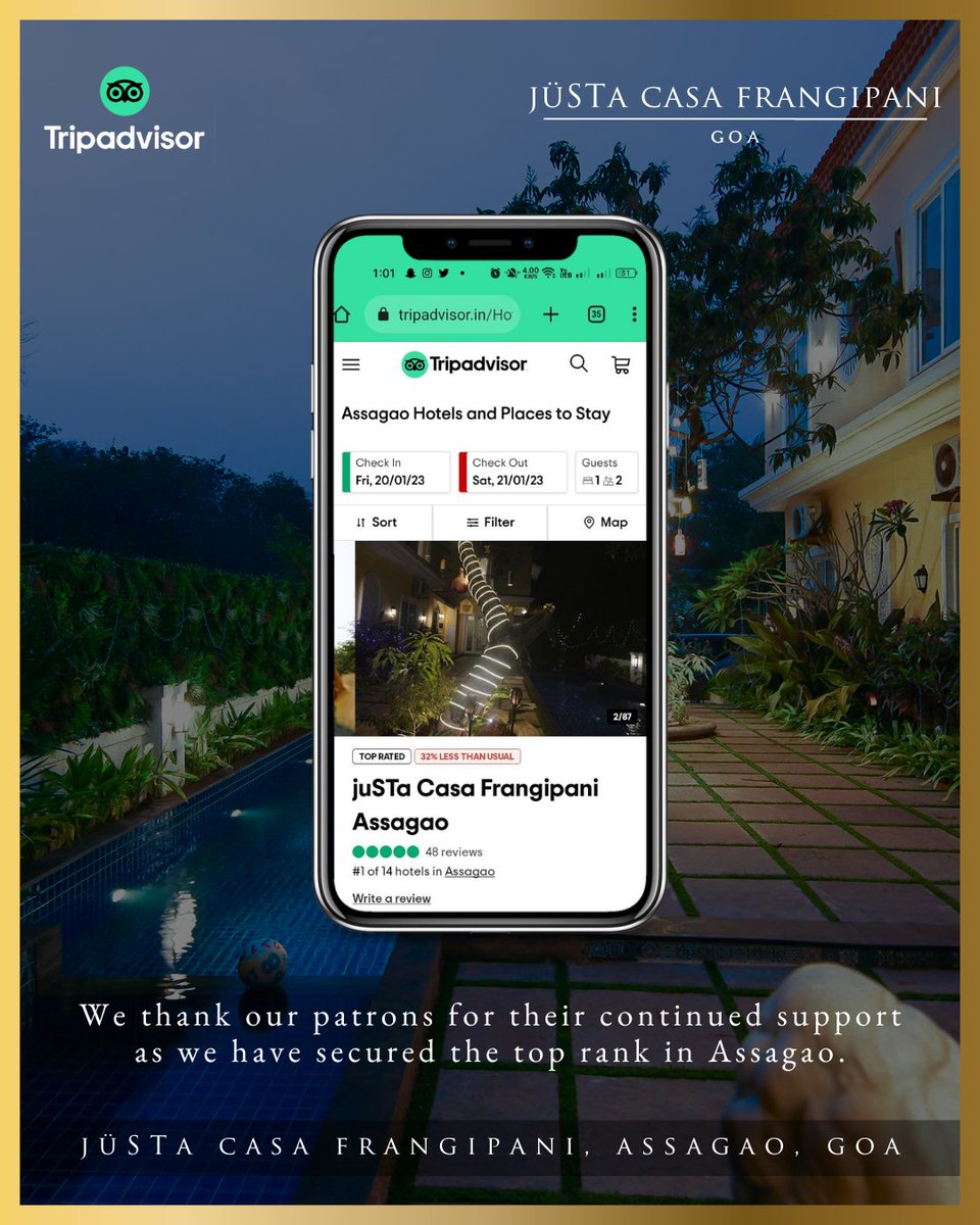 Justahotel's tweet photo. We are delighted to announce that jüSTa Casa Frangipani, Assagao has achieved the distinguished honour of being ranked the #1 hotel in Assagao.
Call or WhatsApp: +91-9590-777-000
#juSTaCasa #goabeach #goa #holidays #vacations #resortsingoa #hotelsingoa #mmt #tripadvisor https://t.co/MyVLdiGNbp