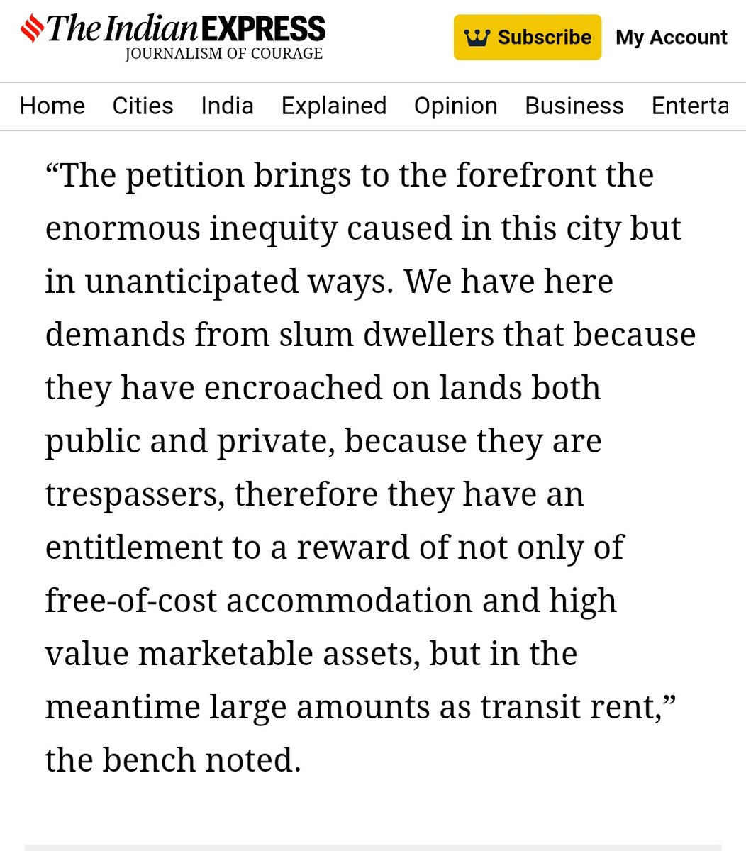 VishalBhargava5's tweet photo. Bombay High Court slams Mumbai's slum redevelopment policy. Of all the hair-brained policies in the city, the slum redevelopment policy has to the most ill-thought through.
Not only does the city not permit illegal encroachment. It actually rewards it. https://t.co/Ghohnweusn