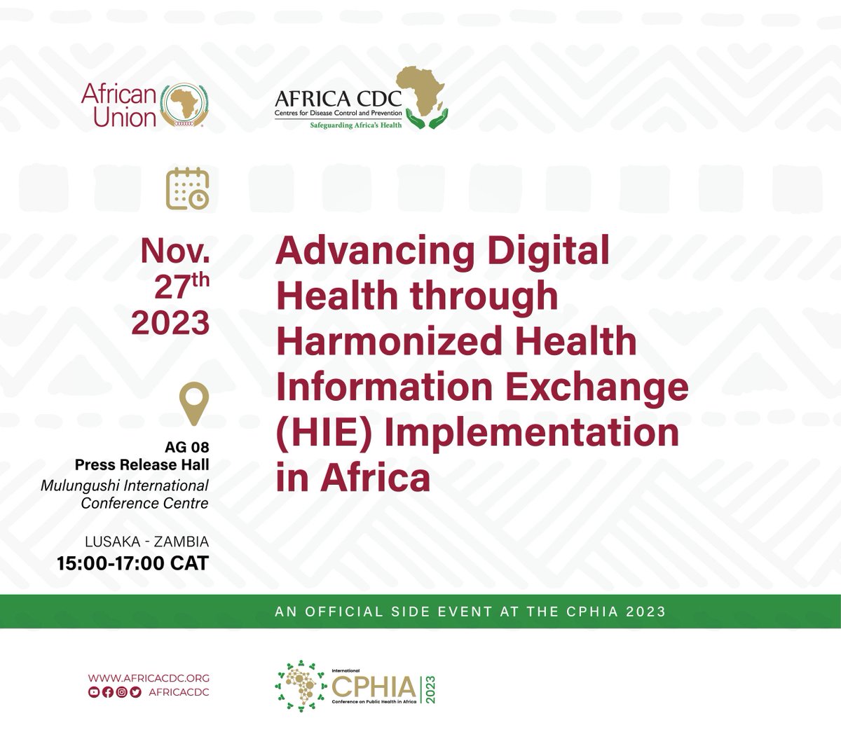 AfricaCDC's tweet image. Are you ready to join hands and advance healthcare through harmonized health information exchange? Join us for our side event at #CPHIA2023, Advancing Healthcare Through Harmonized Health Information Exchange in Africa! Register now at shorturl.at/evzYZ 
#HealthDataExchange