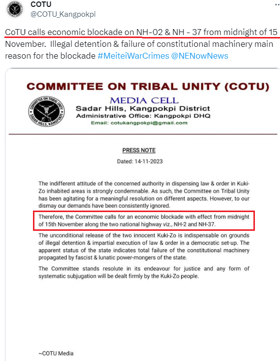 The ITLF and COTU are trying to outdo one another in  coming up with more outrageous and bizarre activities. 
Basically a competition between #Kukis and Paites on who is actually running the show! 

COTU announces Indifinite Economic blockage on NH-02 &amp; NH - 37 (Manipur's