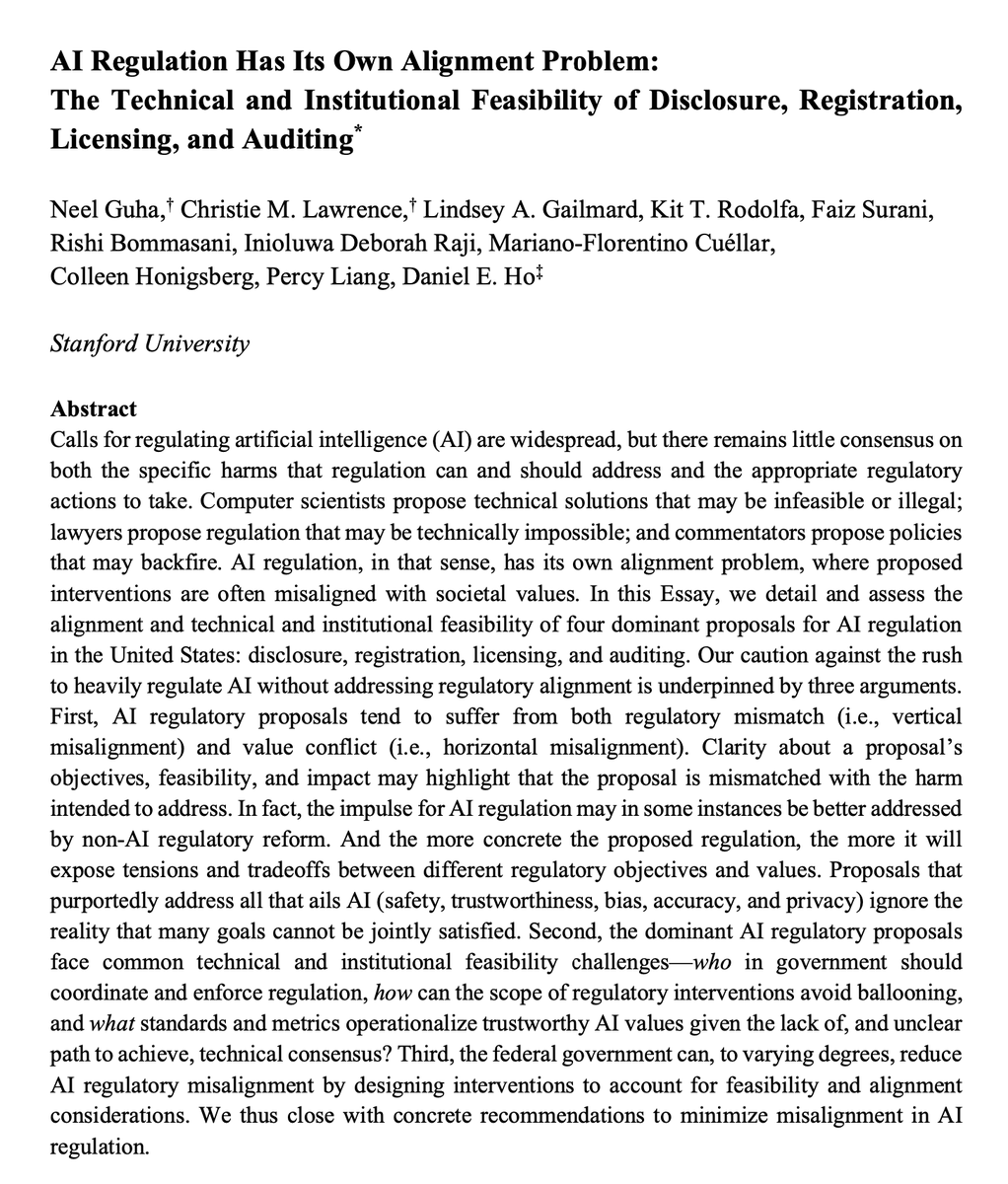 Many proposals for AI regulation are either technically or institutionally infeasible or create tradeoffs between different regulatory objectives.  In a new paper, we consider the feasibility and alignment of disclosure, registration, licensing, and auditing proposals.
