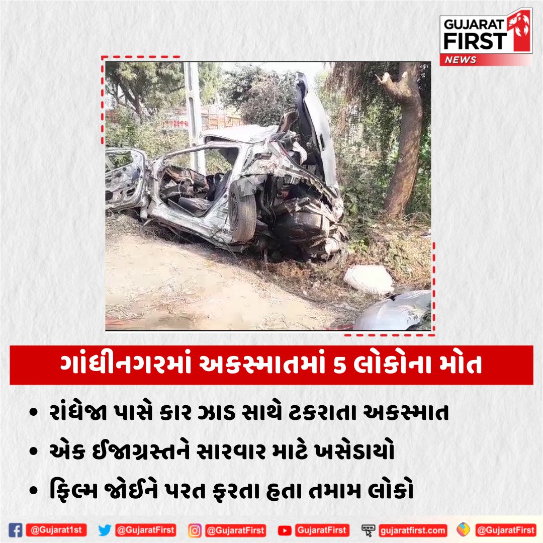 GujaratFirst's tweet photo. ગાંધીનગરમાં રાંધેજા પાસે કાર ઝાડ સાથે ટકરાતા અકસ્માતમાં 5 લોકોના મોત
#Gandhinagar #Randheja #Accident #caraccident #Deaths #GujaratFirst https://t.co/NEXWrPmnDw