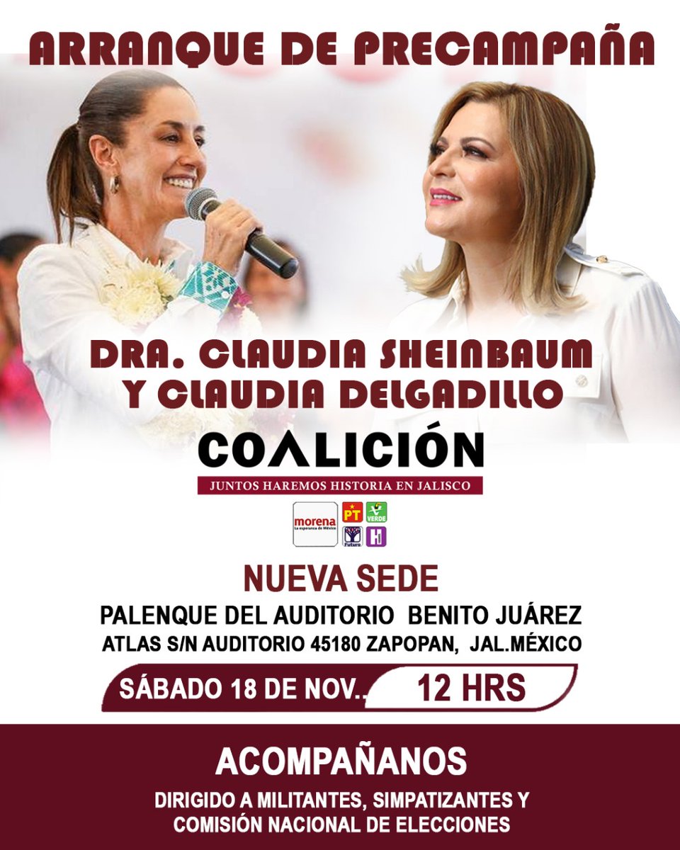 Cambiamos la ruta, acompáñanos en el palenque del Auditorio Benito Juárez a las 12:00 pm, en la Calle Club Atlas s/n, Col. Auditorio, Zapopan, Jalisco.