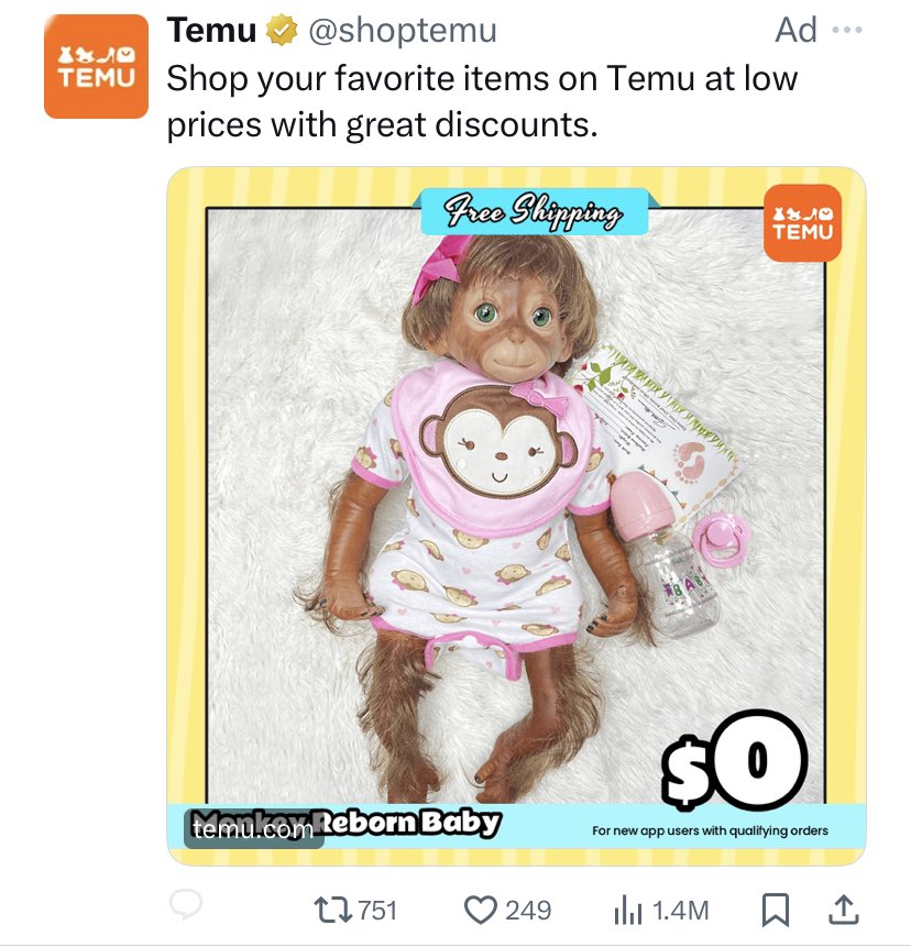 Please welcome the fifth horseman of the apocalypse….a monkey reborn baby in pink. Thanks @shoptemu for placing this in my feed. I won’t ever sleep again.