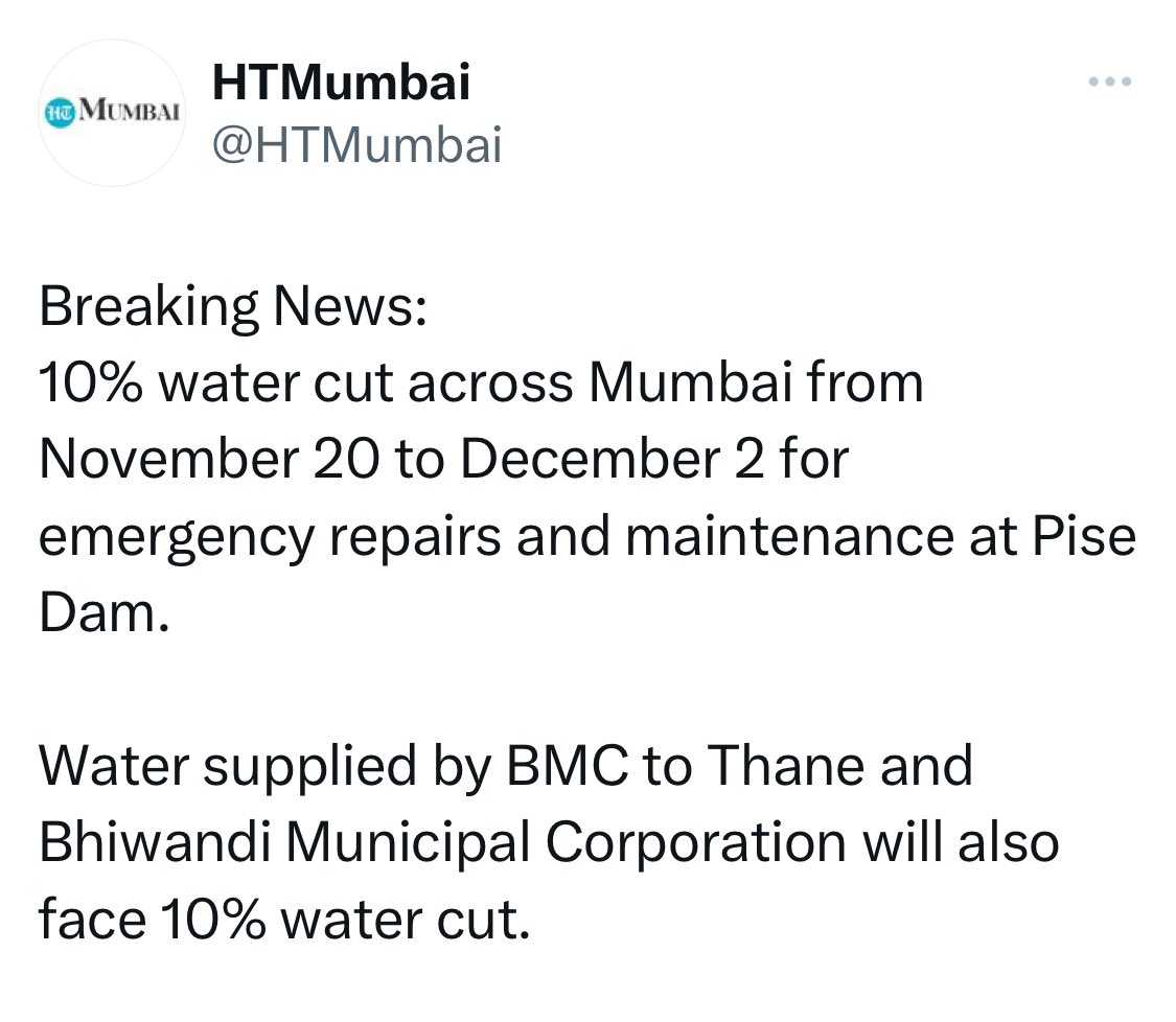 10% Water Cut in Bhiwandi from 20/11/23 to 02/12/23 for maintenance of Pise Dam