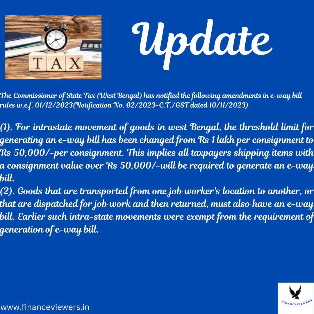 financeviewers's tweet photo. The Commissioner of State Tax (West Bengal) has notified the following amendments in e-way bill rules w.e.f. 01/12/2023(Notification No. 02/2023-C.T./GST dated 10/11/2023)
#financeviewers #finance #gst #eway #bill #ewaybill #intrastate #westbengal #consignment #jobwork https://t.co/E4PE7ANYAr