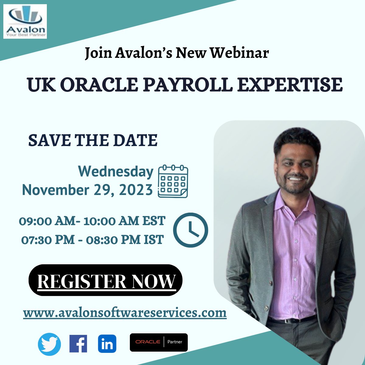 AvalonPvt's tweet photo. Hi,

We are excited to invite you to Avalon Software upcoming webinar on " UK Oracle Payroll Expertise”. 

#webinar #webinar2023 #invoicerecognition #Payroll #Oracle #Oraclewebinar #UKPAYROLL #Oraclepayroll #integrations #webinaronline #webinarwednesday #ukpayrollexpertise https://t.co/z6MfPuWTCC