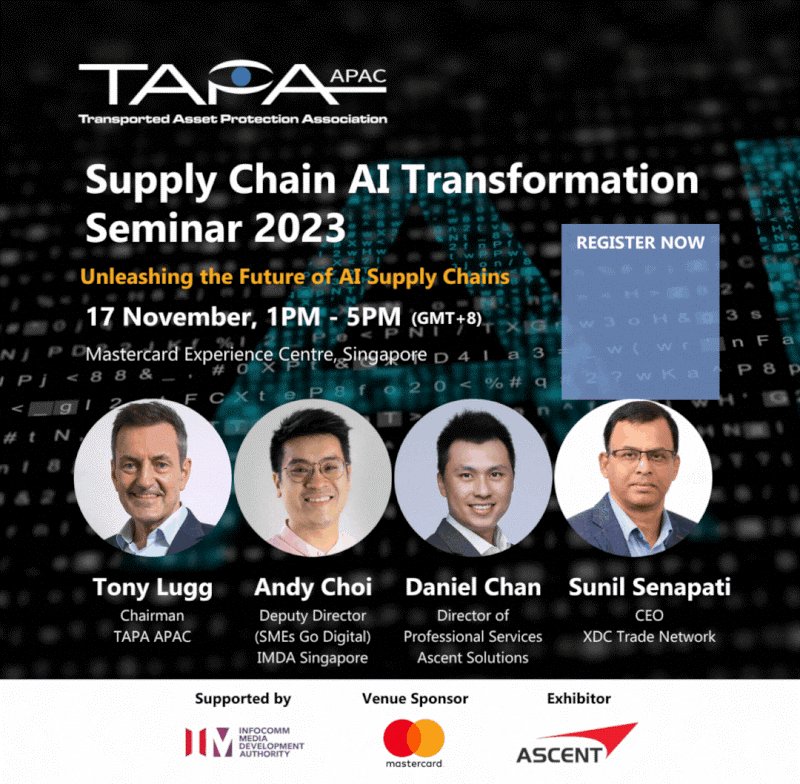 XDC Trade Network CEO @SunilSenapatiGo will speak at the TAPA APAC Supply Chain AI Transformation Seminar 2023. Join us for insights on AI, 5G, IoT, and more to revolutionize supply chains. 🗓️ Nov 17,2023 ⏰ 13:00 - 17:00 (GMT+8) 📍Mastercard Experience Center, Singapore.