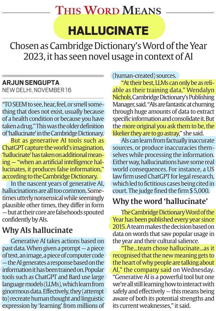 'Hallucinate'

Cambridge Dictionary's Word of the Year 2023
: Details

#Hallucinate #WordOfTheYear 
#Cambridge #dictionary 
#vocabulary 
#ArtificialIntelligence #GenerativeAI #ChatGPT #Bard #LLMs 

#UPSC 

Source: IE