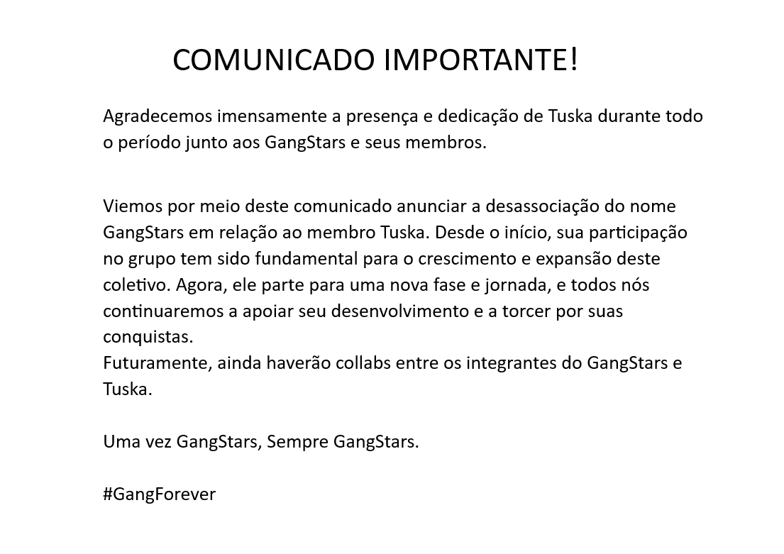 GangStarsVT's tweet photo. • Comunicado :

#GangForever https://t.co/i26rSqnR7i