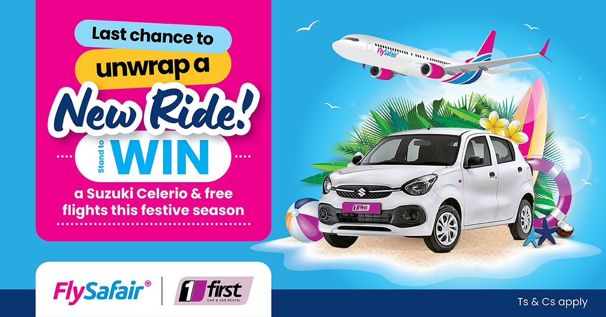 FlySafair's tweet photo. Your dedicated travel duo, FlySafair and First Car Rental, are giving you the chance to WIN a spectacular Suzuki Celerio and 2 x domestic return flights. Now you can sleigh on the streets and in the sky this festive season! 

Enter now at https://t.co/3lUEnBJlUu

T's&amp;C's apply https://t.co/oCGWQ87qBf