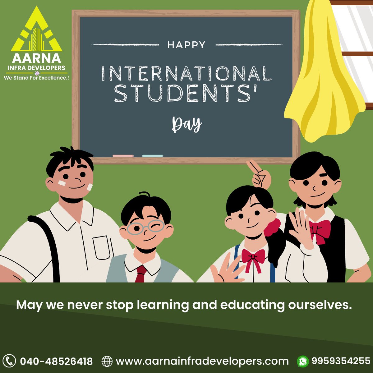 Happy International Students' Day! 🎉📚 Celebrating the pursuit of knowledge and cultural diversity.

 #InternationalStudentsDay #GlobalLearners #KnowledgeKnowsNoBorders #AarnaInfraDevelopers