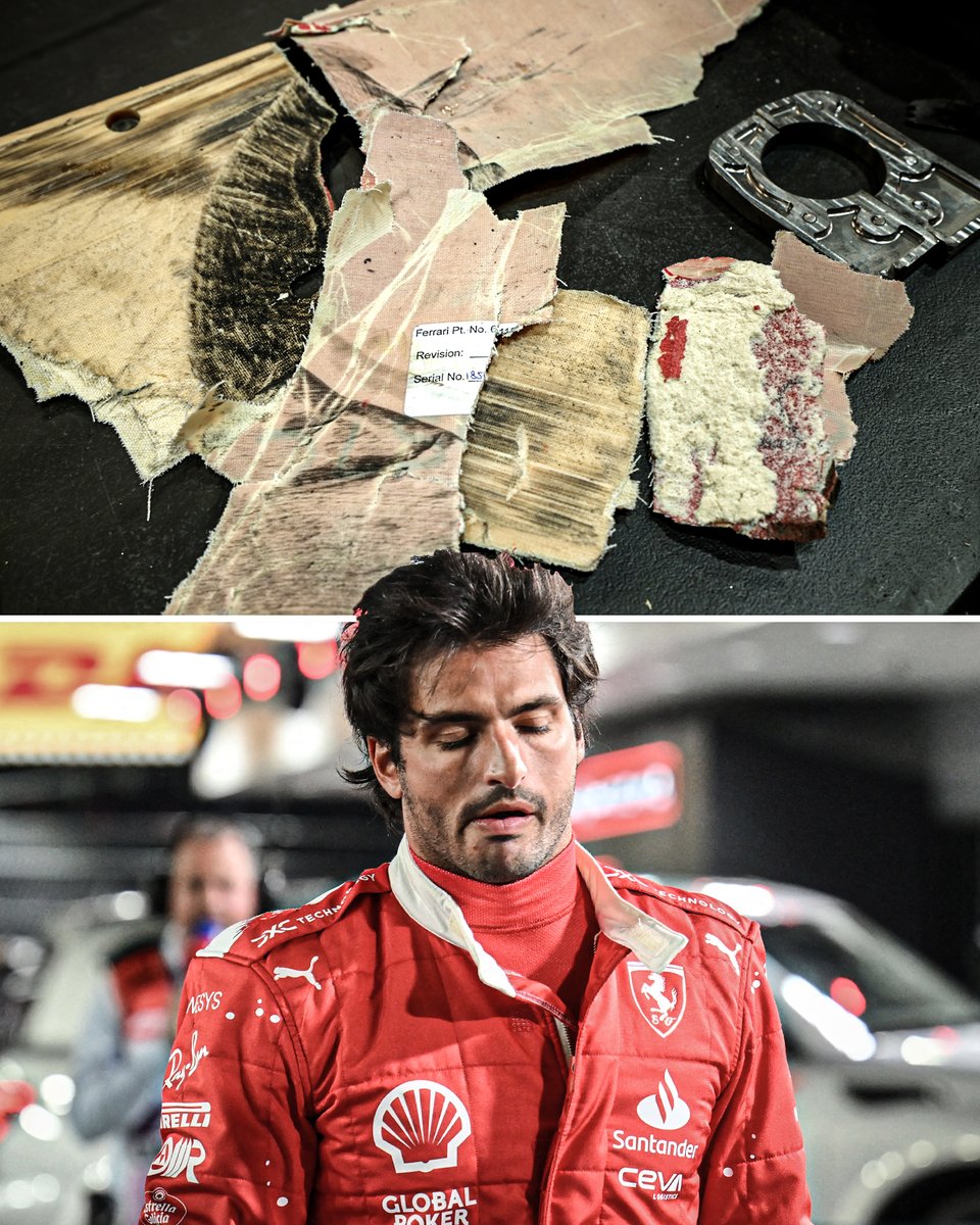 ESPNF1's tweet photo. The damage sustained to Carlos Sainz's floor looks extensive 😳 https://t.co/IrQ2rwJNho