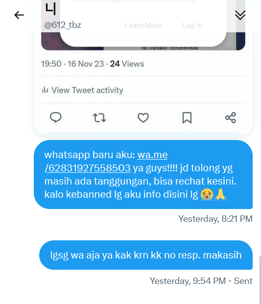 muchdianne's tweet photo. @612fim gausah play victim kak, aku dm kakak loh. sebelum block aku share kontakku. ini wa aku ke banned lg, aku jg udh dm kakak lg. hadeeeh https://t.co/P0y4AQuwob