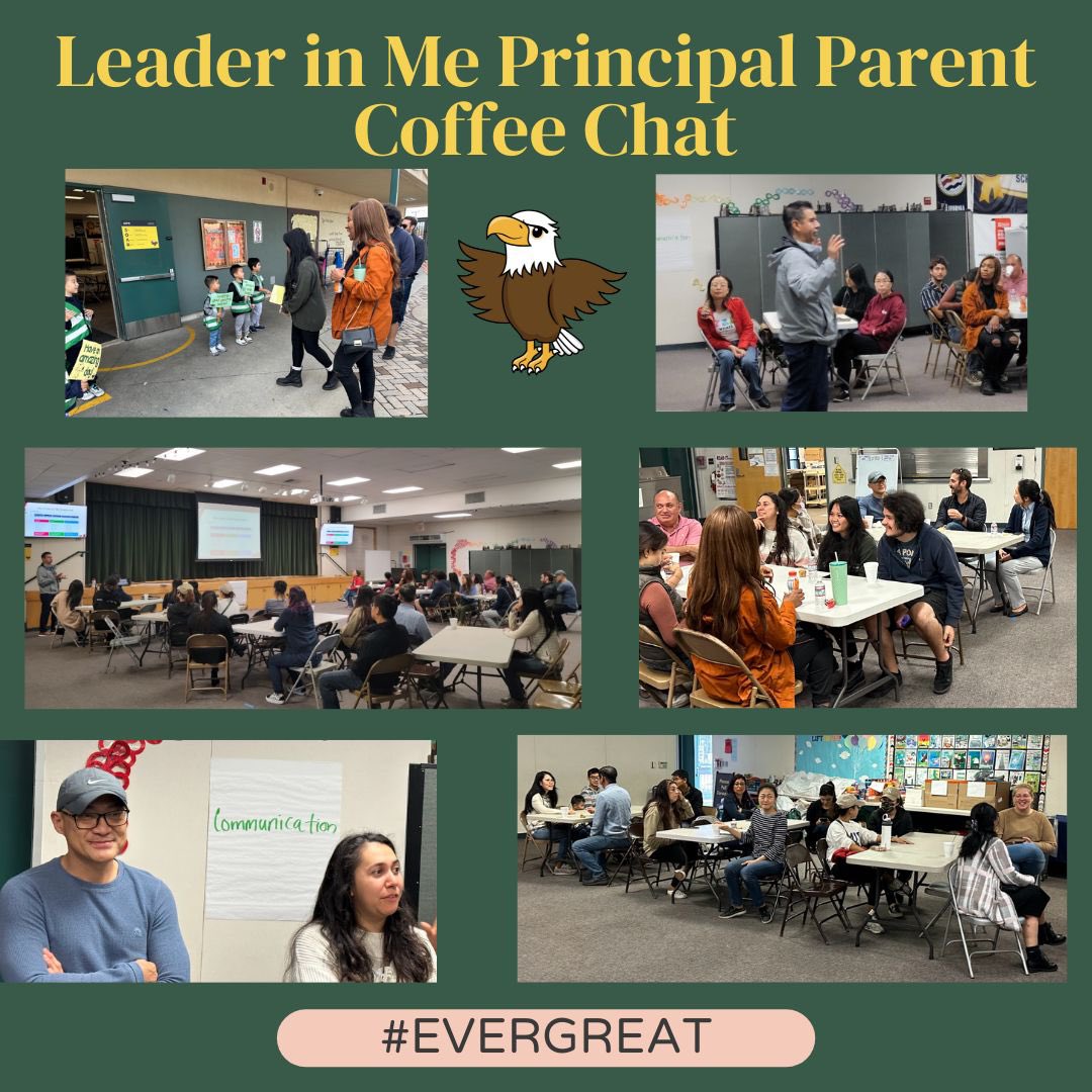 EvergreenWVUSD's tweet photo. Evergreen's #LeaderInMe journey continues to inspire! Today's Principal Parent Coffee Chat delved deep into the LIM Framework, while our Student Action Team interviews showcased the incredible potential of our future leaders. #Evergreat
@WVUSD_Tweet @TheLeaderinMe @Gabe_Cardenas9 https://t.co/hR3BU1cd2Q
