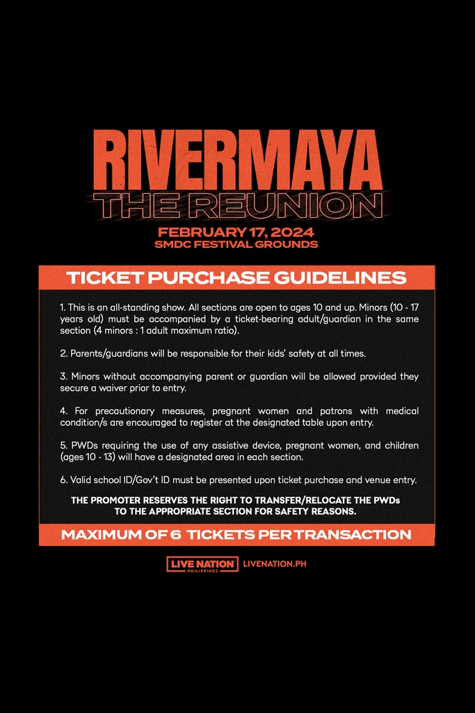 livenationph's tweet photo. Are you ready for Live Nation Philippines' first-ever OPM show? General onsale for Rivermaya: The Reunion starts TODAY at 3pm! 

📆February 17, 2024
📍SMDC Festival Grounds 

Tickets will be available on at https://t.co/bv3ZsBNmLX and SM Tickets outlets.

#RivermayaTheReunion https://t.co/OwupEYoKCT
