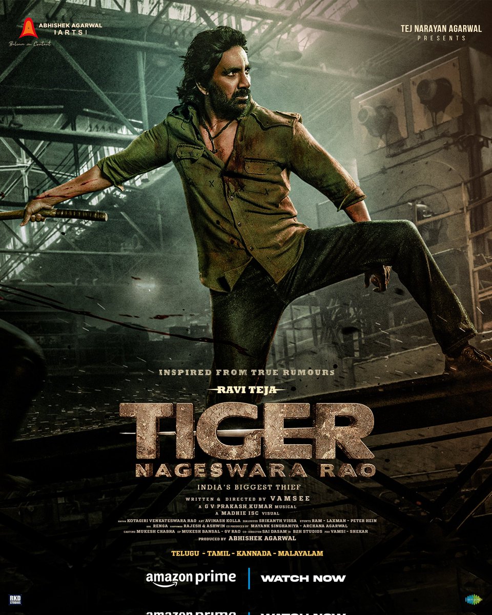 Every home now becomes the TIGER ZONE 🐅

#TigerNageswaraRao now streaming on <a href="/PrimeVideoIN/">prime video IN</a> ❤️‍🔥

Watch #TigerNageswaraRaoOnPrime 🔥

<a href="/RaviTeja_offl/">Ravi Teja</a> <a href="/DirVamsee/">VAMSY</a> <a href="/AnupamPKher/">Anupam Kher</a> <a href="/AbhishekOfficl/">Abhishek Agarwal 🇮🇳</a> <a href="/NupurSanon/">Nupur Sanon</a> <a href="/gaya3bh/">Gayatri Bhardwaj</a> #RenuDesai <a href="/Jisshusengupta/">Jisshu U Sengupta</a> <a href="/gvprakash/">G.V.Prakash Kumar</a> <a href="/anukreethy_vas/">AnuKreethy Vas</a> <a href="/MayankOfficl/">Mayank Singhaniya</a>