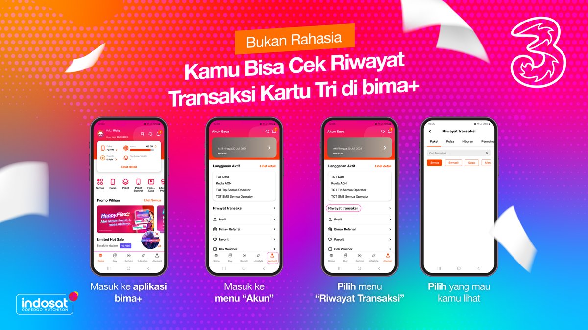 Mau cek riwayat transaksi pulsa, paket, dan transfer  kamu ?

Semua bisa lewat bima+ lho!

#3CareSelaluAda 
#3CareForYou #3CareIndonesia