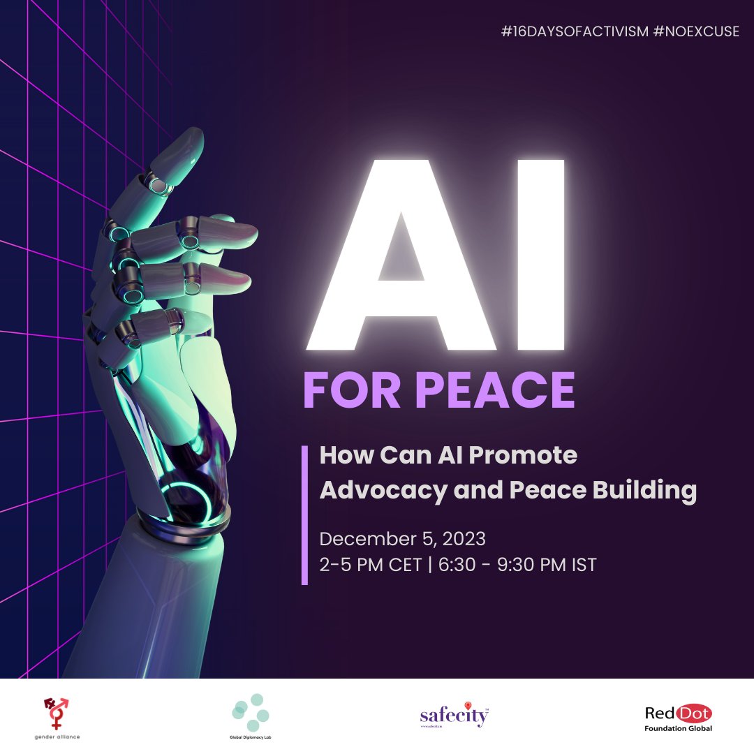 📣Explore the intersection of AI and Advocacy! Join Red Dot Foundation's 'AI for Peace and Advocacy' workshop on Dec. 5th, from 2-5 PM CET | 6:30 - 9:30 PM IST. Register: bit.ly/aiforpeace_reg… Unleash the power of tech. for positive change.🌐✨ #16DaysofActivism #Safecity