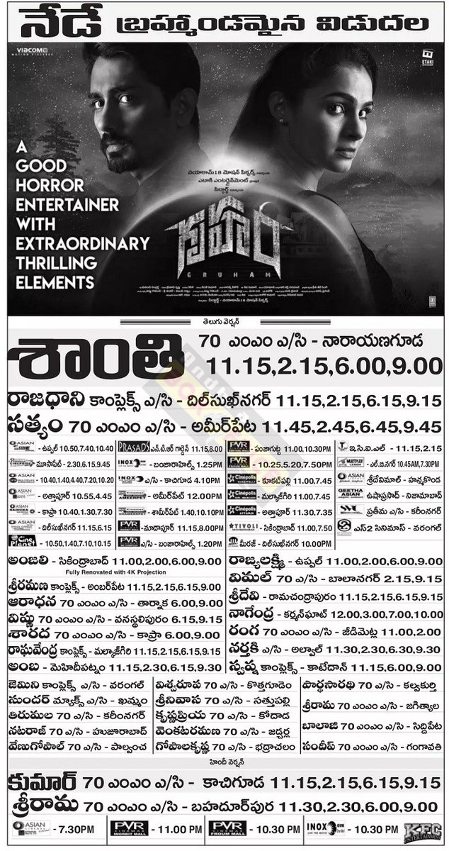 SarleNuvvelluuu's tweet photo. 6 years for #Siddharth and @andrea_jeremiah and @atul_kulkarni starrer super horror drama #Gruham
Director : @milindrau
Musical : @ggirishh
#Hyderabad - #Shanti - 13 days(#Oxygen), #Sandhya35 - 7 days(sft)(#SapthagiriExpress)
@baraju_SuperHit @Mistervijaysbdb
#6YearsForGruham https://t.co/OrrCbNoXTX