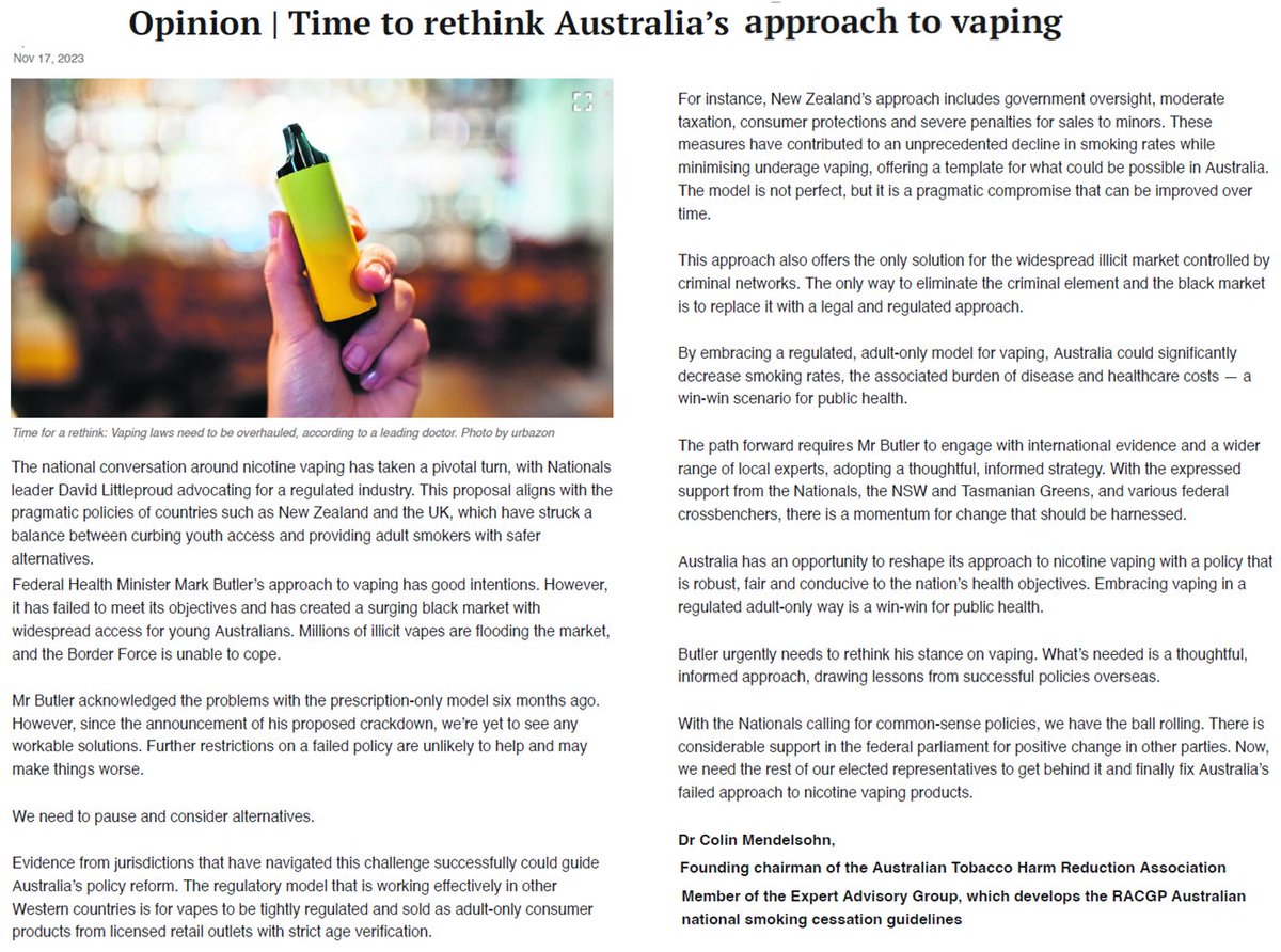 The proposed vaping crackdown will fuel the black market and increase smoking rates
@D_LittleproudMP and @The_Nationals get it
@Mark_Butler_MP needs to stop and consider the likely disastrous outcomes before its too late

My OpEd via @sheppartonnews today⤵️

@GabbyWilliamsMP…