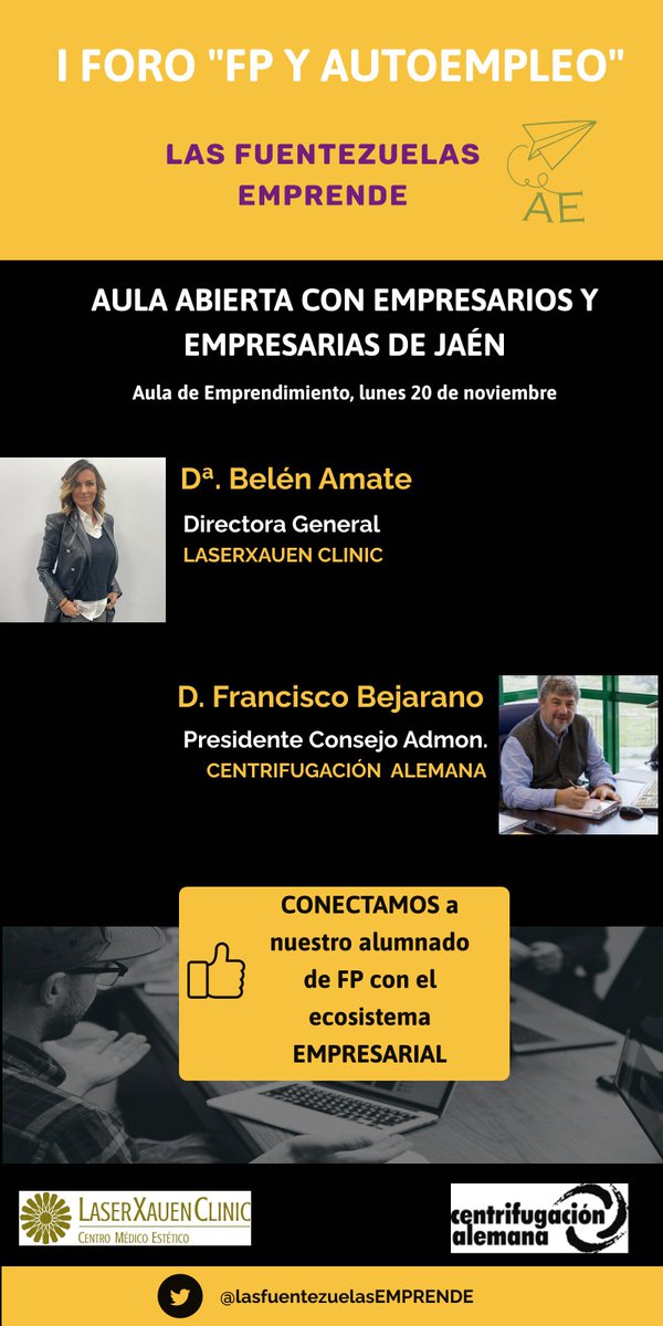 Seguimos con el I Foro de FP y Autoempleo en <a href="/lasfuentezuelas/">IES Las Fuentezuelas</a> , ahora toca sentarse con empresarios y empresarias locales a hablar con ellas, <a href="/laserxauen/">Láser Xauen</a> y <a href="/CentriAlemana/">Centri Alemana</a> debatirán con nuestro alumnado su forma de entender la empresa del siglo XXI
