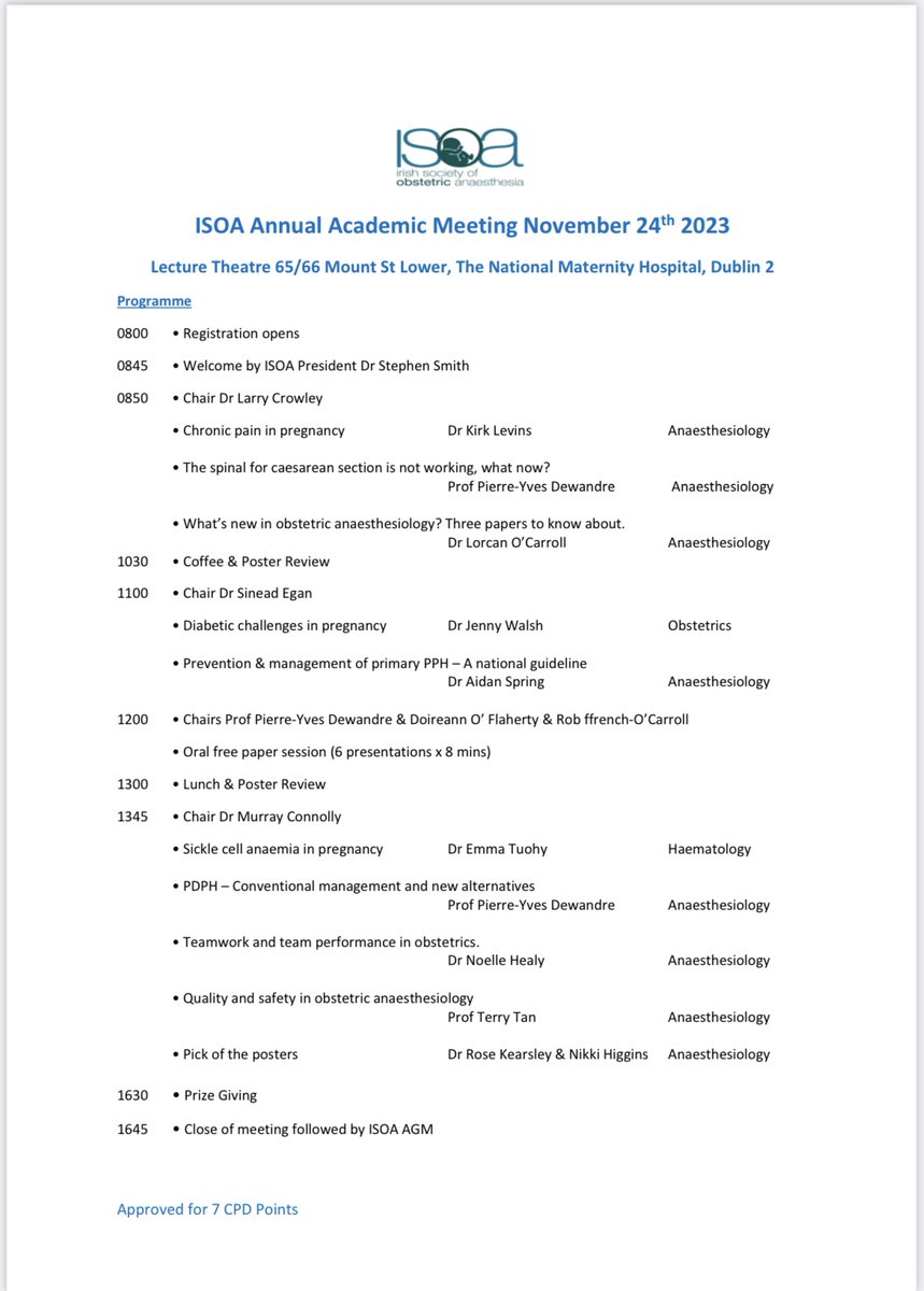 One week to go until <a href="/ISOA_Ireland/">Irish Society of Obstetric Anaesthesia</a>  annual meeting!

⭐️A fantastic line-up of speakers
⭐️Record number of abstract submissions
⭐️An excellent free paper session
⭐️Pick of the Posters session