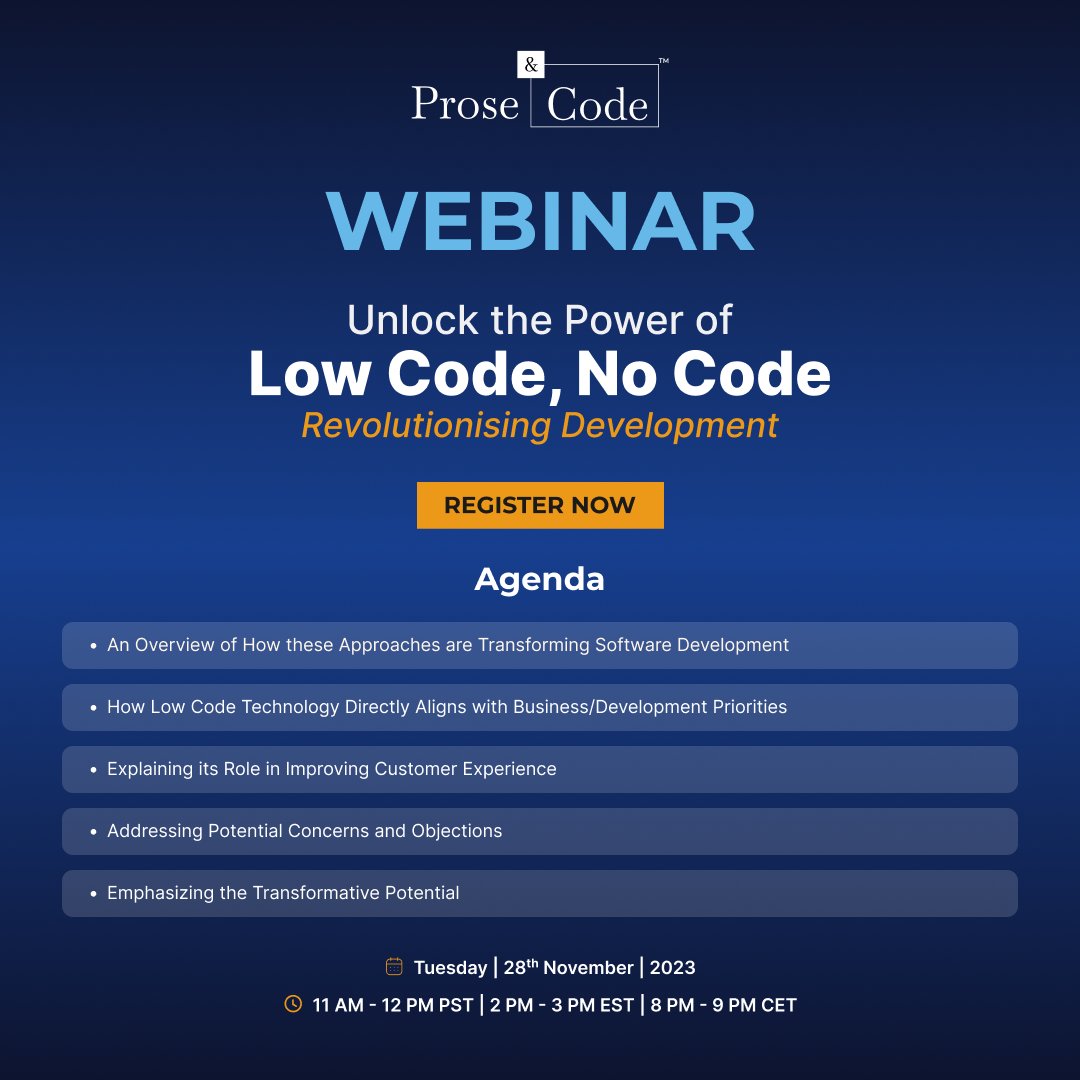 joshsoftware's tweet photo. Dive into the future of development! Here's a sneak peek of what our Low Code, No Code Webinar on November 28th will cover.
Register now for an agenda packed with innovation!
https://t.co/cYHnNrec6P
.
.
.
.
.
#webinar #lowcode #nocode #lcap #zoom #proseandcode #joshsoftware https://t.co/Gvk7Wb6Jyn