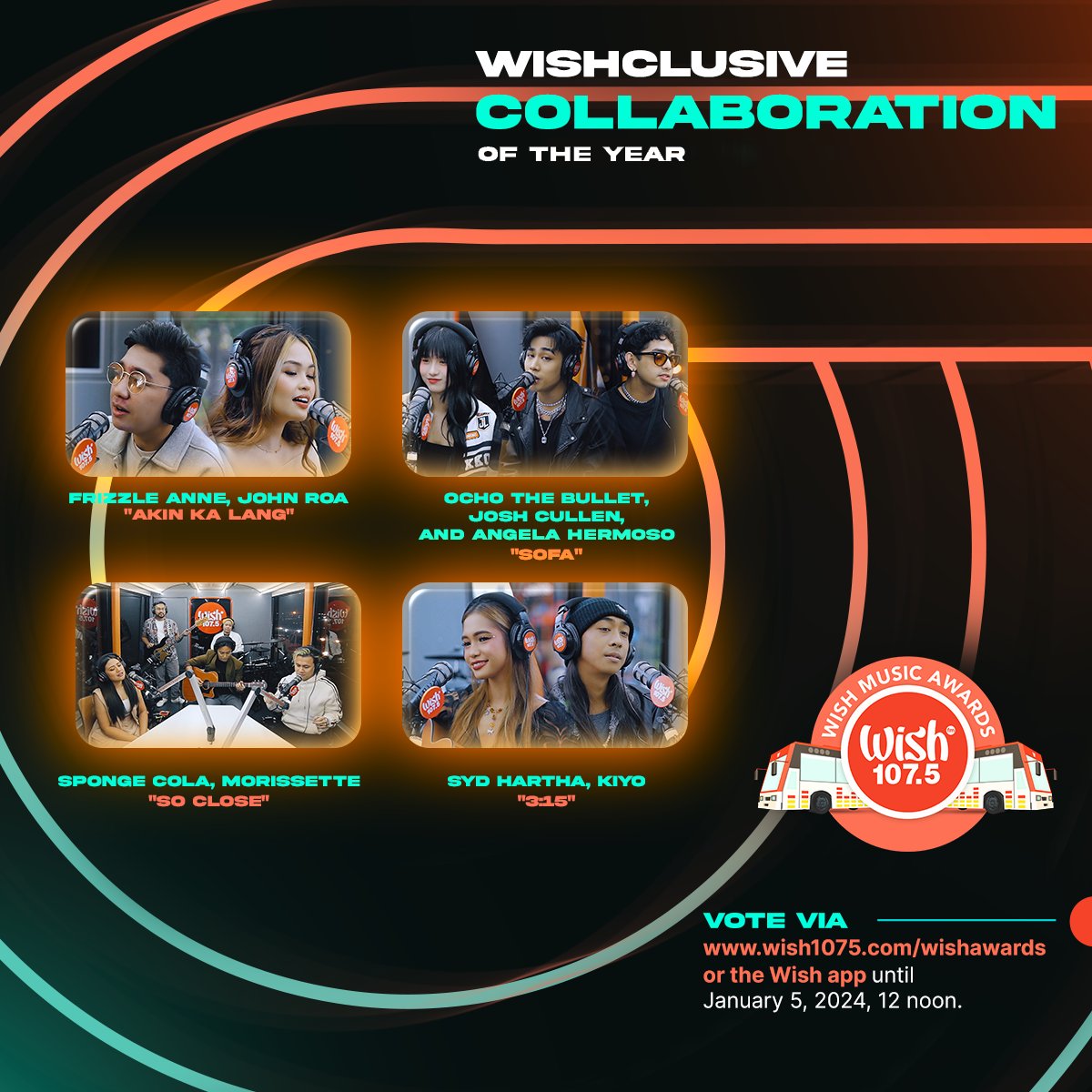 wish1075's tweet photo. Here are our nominees for Wishclusive Collaboration of the Year!

@FrizzleAnne_, John Roa - “Akin Ka Lang”
@ochothebullet, @JoshCullen_s, and @angelahermoso__ - “Sofa”
@SpongeColaPH, @itsMorissette - “So Close”
@sydhartha, @Yukihirorubio - “3:15” https://t.co/rPMXoJ4Wgr