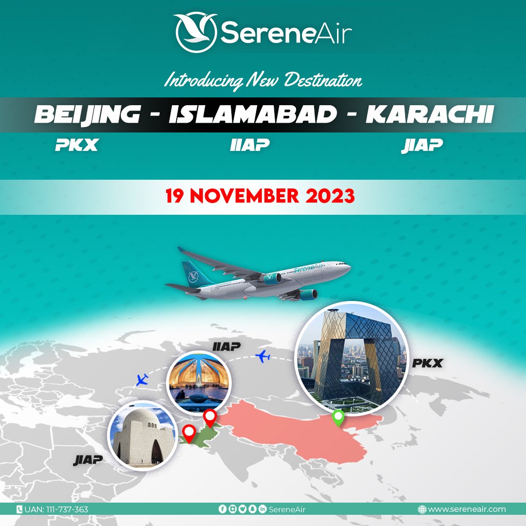 #SereneAir is humbled to announce commencing of new route #Karachi to #Beijing #Daxing International Airport via #Islamabad. Flight Operations starting from 18 November 2023. Book your travel with SereneAir to avail most affordable fare and baggage allowance.
#ExperienceSerenity