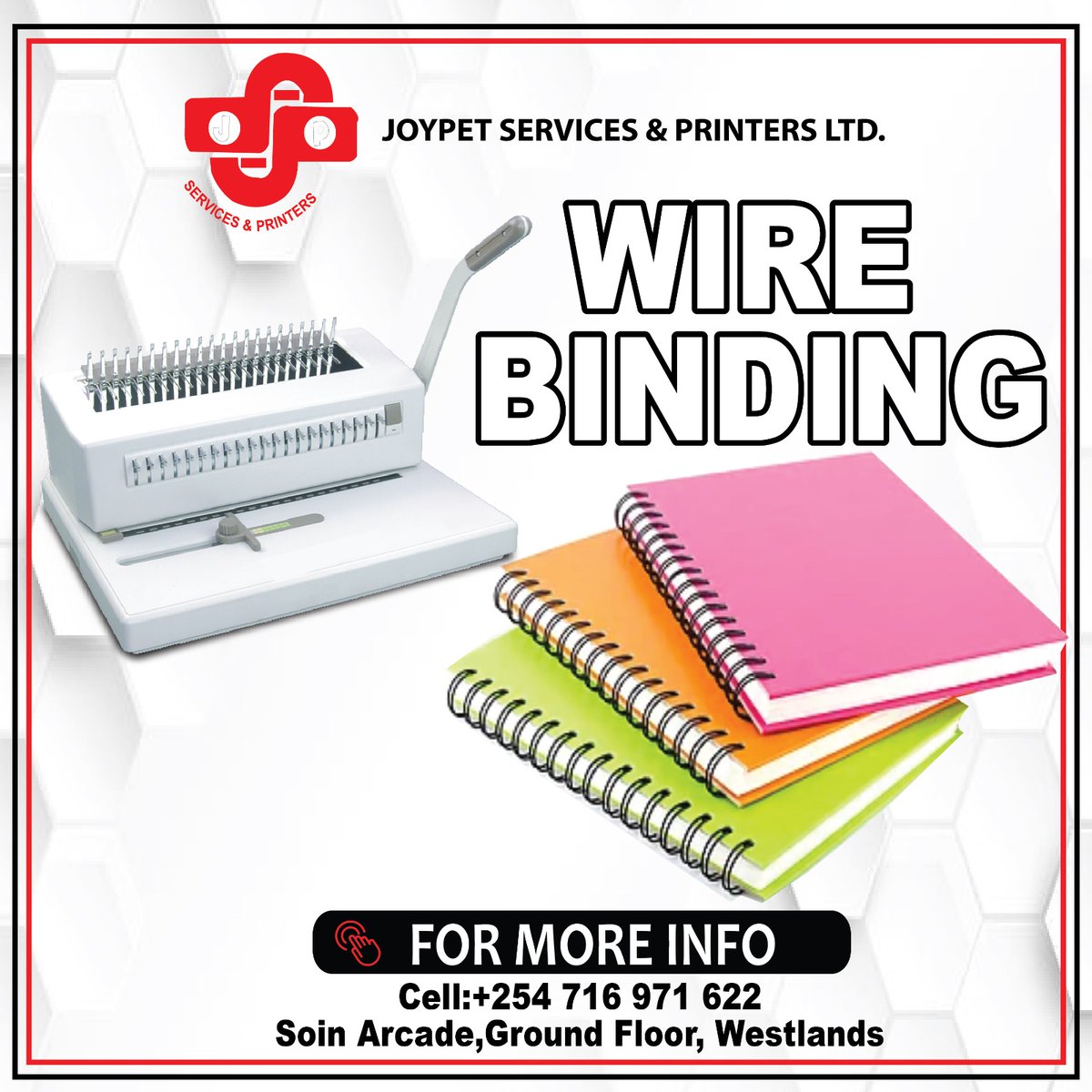 JoypetServices's tweet image. Bound for Success: Wire Binding Solutions
Elevate your presentations with the sleek and professional touch of wire binding. Secure your success, one bound document at a time.

📞0716971622

#bindingservices #bindingservicesnairobi #wirebinding #tapebinding #joypetservices