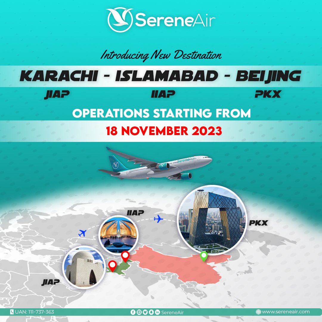 #SereneAir is humbled to announce commencing of new route #Karachi to #Beijing #Daxing International Airport via #Islamabad. Flight Operations starting from 18 November 2023. Book your travel with SereneAir to avail most affordable fare and baggage allowance.
#ExperienceSerenity