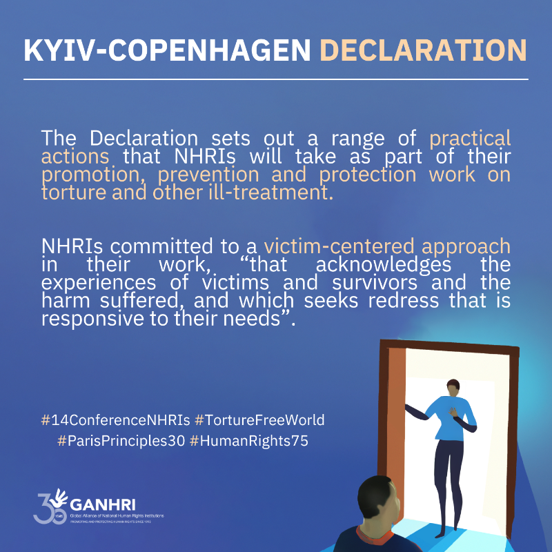 Ganhri1's tweet photo. The Kyiv-Copenhagen Declaration adopted at #14ConferenceNHRIs sets out a range of practical actions that #NHRIs will take as part of their promotion, prevention and protection work on torture and other ill-treatment.
Read it now👇https://t.co/E80wGX3BFG
#TortureFreeWorld