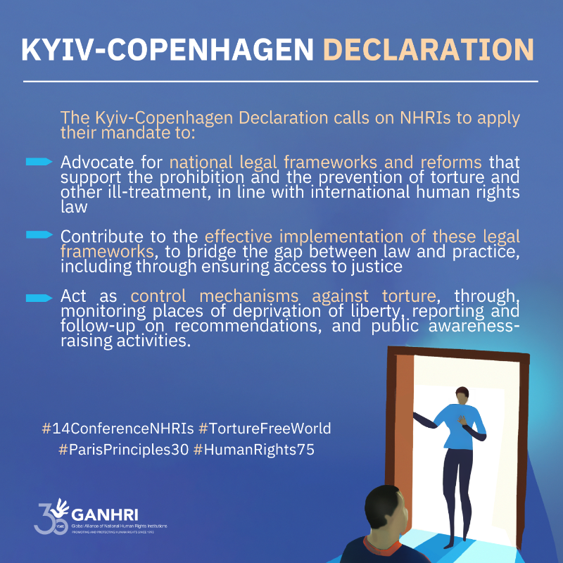 Ganhri1's tweet photo. The Kyiv-Copenhagen Declaration adopted at #14ConferenceNHRIs sets out a range of practical actions that #NHRIs will take as part of their promotion, prevention and protection work on torture and other ill-treatment.
Read it now👇https://t.co/E80wGX3BFG
#TortureFreeWorld