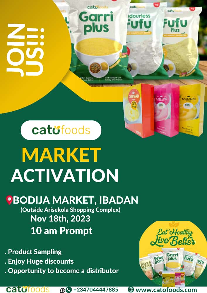 Cato Foods (@catofoodsng) on Twitter photo The brand you can always trust is at it again. Don't miss this market activation. Here is your chance to stock up your store, shop etc. come one, come all. <a href="/Samsonprolific/">Farmer Samson Ogbole</a> <a href="/MadedorVictoria/">Victoria Madedor</a> <a href="/akinwale_cfi/">Farmer Akin Alabi®</a> <a href="/FmardNg/">Fed Min of Agric & Food Security</a> <a href="/MadeItInAfrica/">HowWeMadeItInAfrica</a> <a href="/smedaninfo/">SMEDANINFO</a> <a href="/officialNESG/">Nigerian Economic Summit Group (NESG)</a> <a href="/seyiamakinde/">Seyi Makinde</a> <a href="/IITA_CGIAR/">IITA</a> The brand you can always trust is at it again. Don't miss this market activation. Here is your chance to stock up your store, shop etc. come one, come all. <a href="/Samsonprolific/">Farmer Samson Ogbole</a> <a href="/MadedorVictoria/">Victoria Madedor</a> <a href="/akinwale_cfi/">Farmer Akin Alabi®</a> <a href="/FmardNg/">Fed Min of Agric & Food Security</a> <a href="/MadeItInAfrica/">HowWeMadeItInAfrica</a> <a href="/smedaninfo/">SMEDANINFO</a> <a href="/officialNESG/">Nigerian Economic Summit Group (NESG)</a> <a href="/seyiamakinde/">Seyi Makinde</a> <a href="/IITA_CGIAR/">IITA</a>