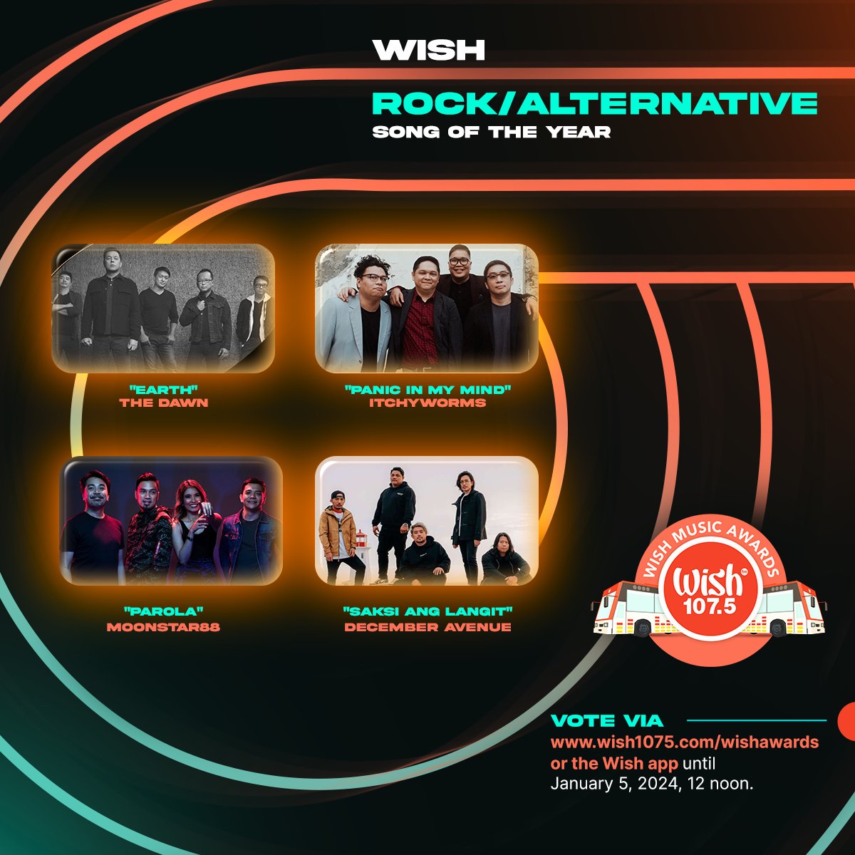 Here are our nominees for Wish Rock/Alternative Song of the Year!

“Earth” - <a href="/thedawnph/">TheDawnPH</a>
“Panic In My Mind” - <a href="/theitchyworms/">The Itchyworms</a>
“Parola” - <a href="/moonstar88band/">Moonstar88</a>
“Saksi Ang Langit” - <a href="/decemberave/">December Avenue</a>

The voting period will be from November 24, 2023 to January 5, 2024.
