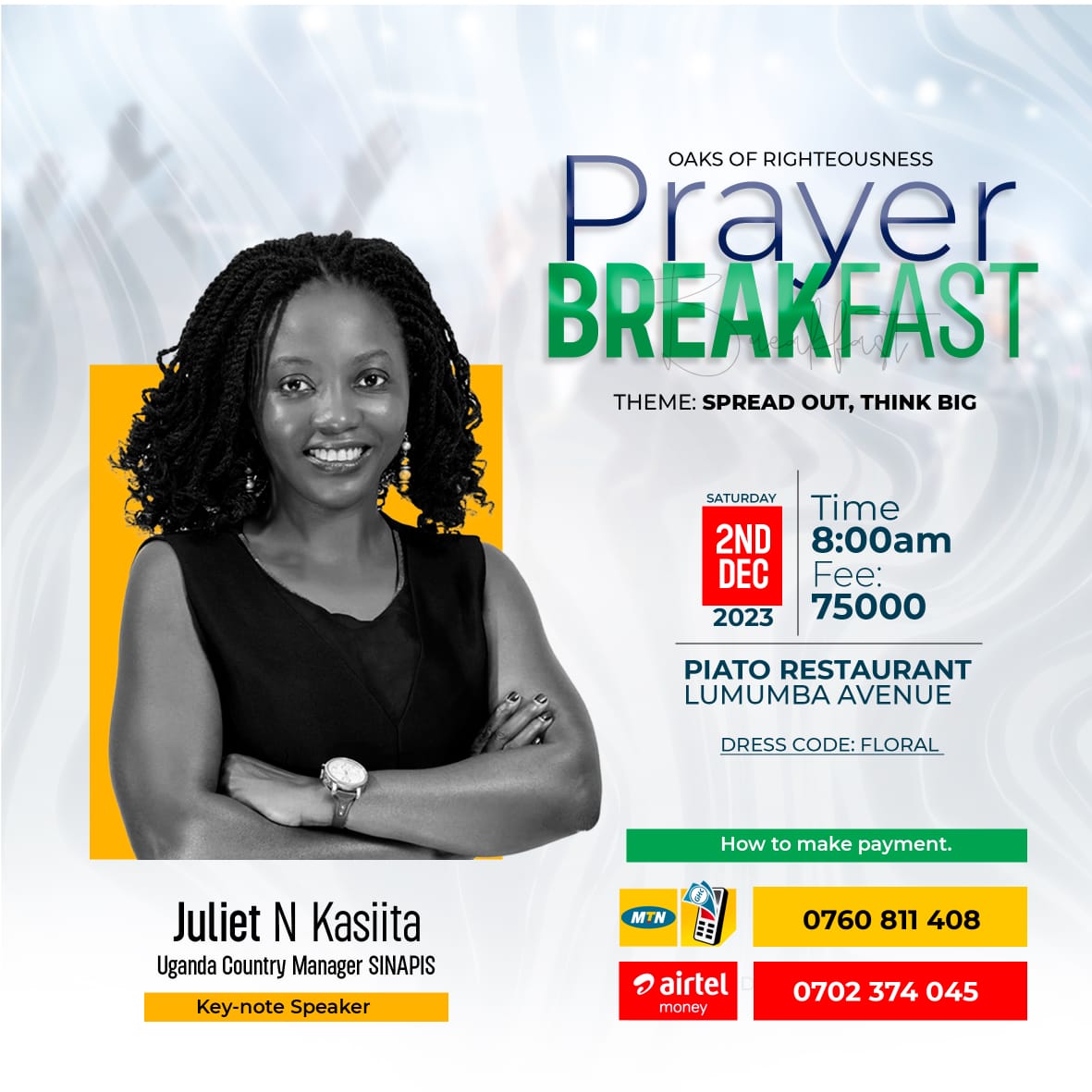amw_Julian's tweet photo. Join us for a special morning at the Oaks of Righteousness Prayer Breakfast with our distinguished guest, Juliet N Kasiita, Uganda Country Manager at SINAPS.
A transformative event! Reserve your spot now. Let's gather & think big together. See you there! ๐
#OaksOfRighteousness https://t.co/3NRnITjX6v