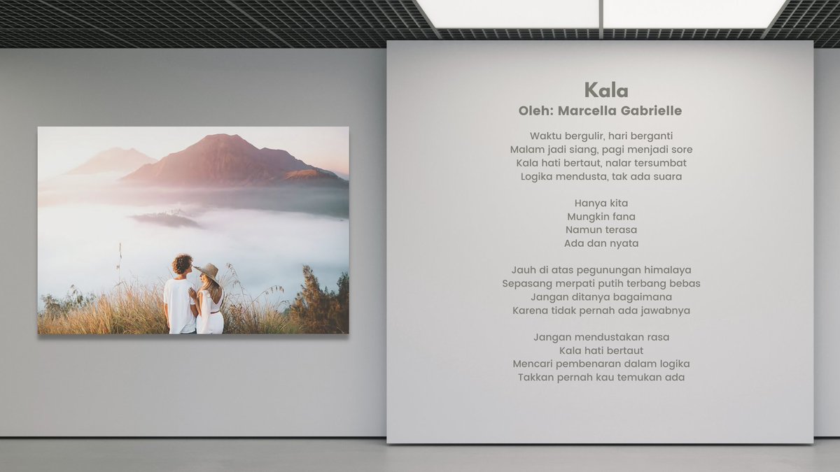 ORBSGALLERY's tweet photo. ㅤㅤ

KALA
Oleh: Marcella Gabrielle (@marshcellaw)

Waktu bergulir, hari berganti
Malam jadi siang, pagi menjadi sore
Kala hati bertaut, nalar tersumbat
Logika mendusta, tak ada suara

Foto oleh: Marcellino Rudi Nugroho
#TBT_THEORBS

ㅤㅤ