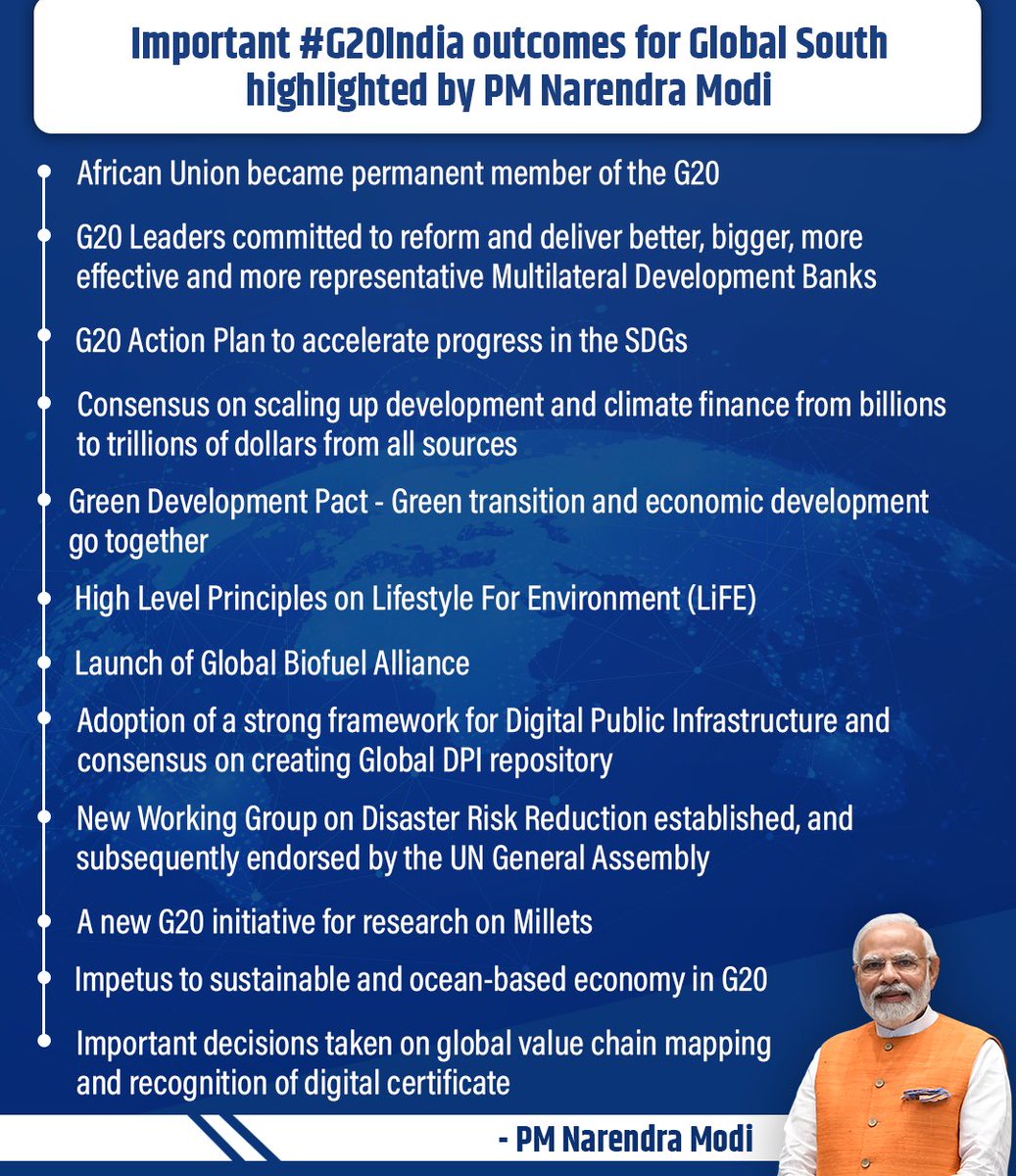 👇Take a look at the key #G20India outcomes for Global South highlighted by the PM.