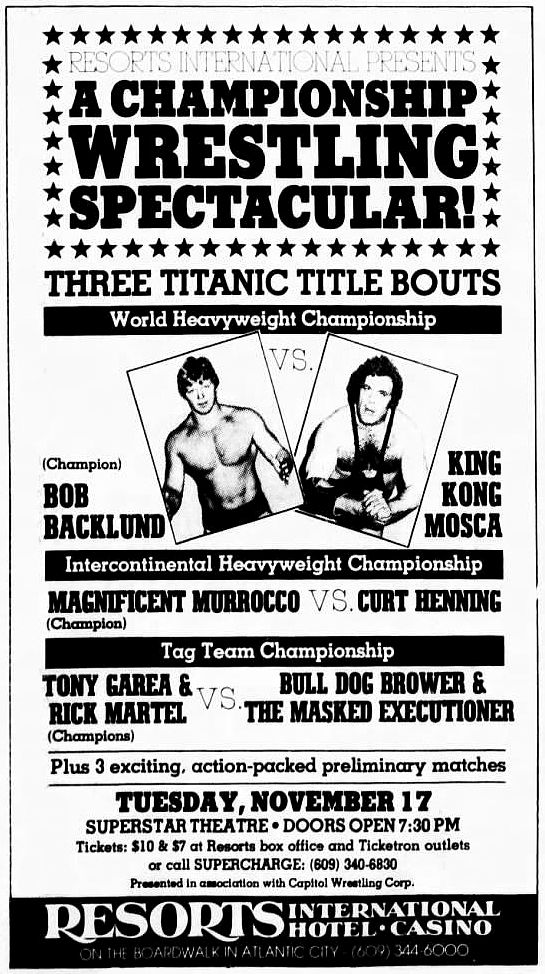 WWFWrestling1's tweet photo. On this day in 1981: A Champonship wrestling spectacular at the Resorts International Theater in Atlantic City! π€Ό #WWF #WWE #Wrestling #AngeloMosca #BobBacklund https://t.co/APwMILwO39