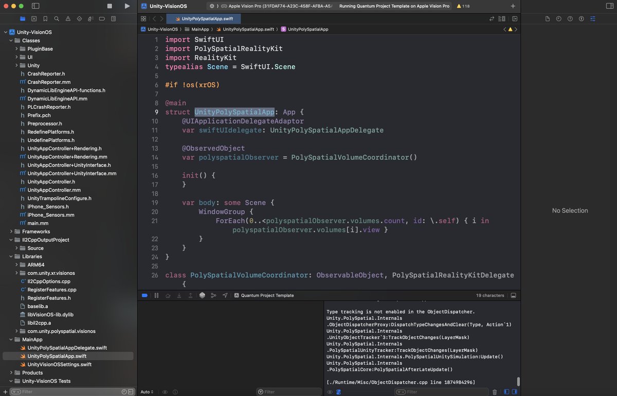 tokufxug's tweet photo. UnityPolySpatial、UnityPolySpatialAppというSwiftUIのコードが存在します。Forでpolyspatialのvolumeを生成しているようです。メインはSwiftUIで実装しているのでネイティブコードを注入できそうですね。#applevisionpro #visionpro #visionos #unity3d #unitypolyspatial #oneplanetxr https://t.co/NOYgX4Wao8