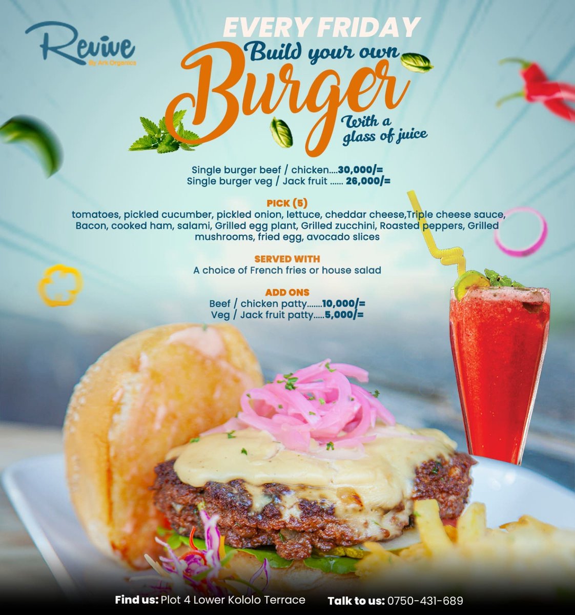 RevivebyArk's tweet photo. Fridays are now twice as satisfying. 🍔🥤 Bite into your burger fantasy and raise a glass of juice to the weekend!
Find us at plot 4 lower Kololo terrace road.
#revivebyark #buildyourburger #BurgerSipDelight #BurgerJuiceCombo #BurgerSipRepeat #BurgerFridays #burgertime https://t.co/lOYLg2WqBd