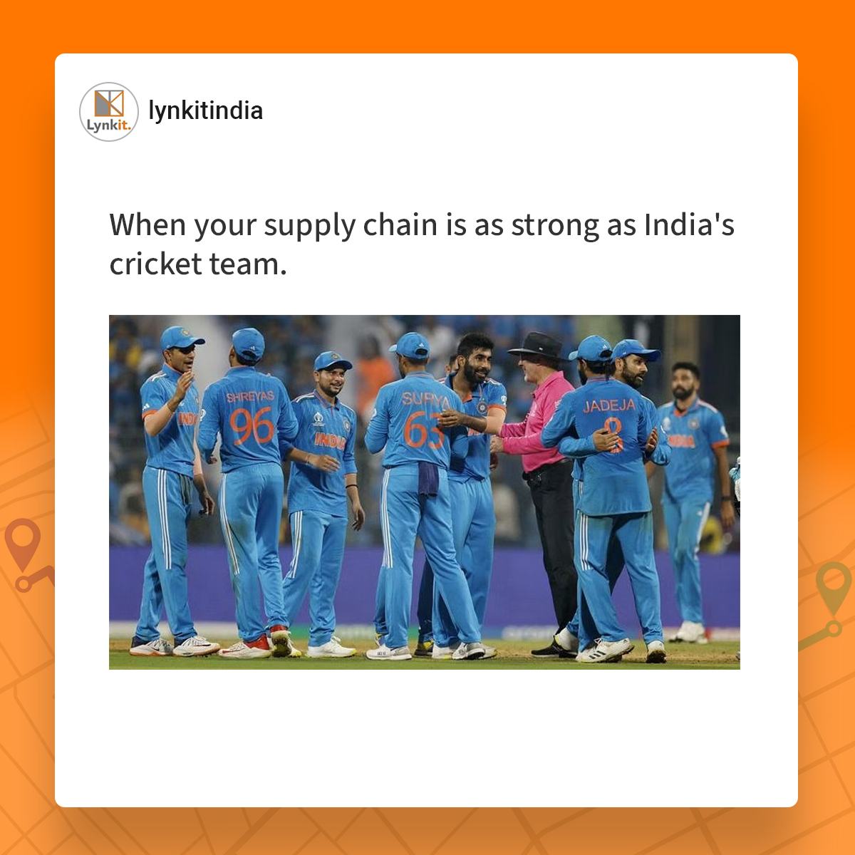 LynkitIndia's tweet image. As solid as India's cricket team on the field, our supply chain perfectly hits every logistical boundary! 🏏📦 #SupplyChainDominance #PrecisionUnleashed
.
.
#Lynkit #india #worldcup #semifinal #indiavsnewzealand #indiancricket #supplychain #cricket #team
