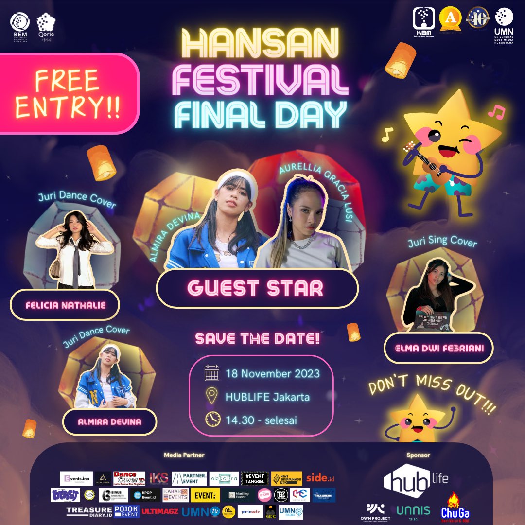 ‼️D-Day is Finally Come‼️

Annyeong Chingu😆!

Akhirnya, yang ditunggu-tunggu dateng juga! Kapan lagi bisa nontonin penampilan dari guest star kece dan finalis lainnya yang ga kalah keren😱?!

Save the Date:
📍HubLife Jakarta
📅 18 November 2023
⏰ 14.30 - selesai

See u there👋