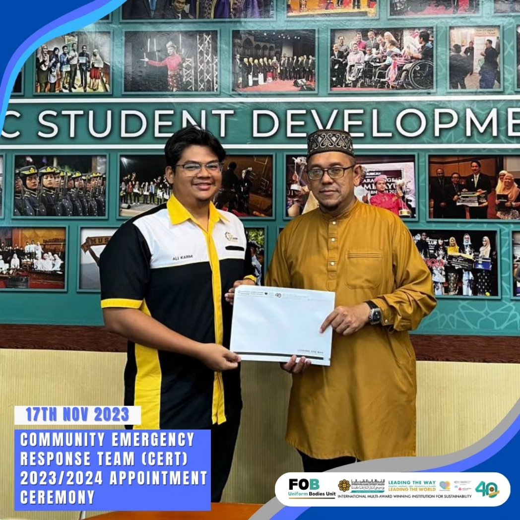 fobiium's tweet photo. Community Emergency Response Team (CERT) 2023/2024 Appointment Ceremony.
The CERT Taskforce will be led by Br. Ali Karimi from IIUM Student Union and assisted by Sr. Nor Faezah from IIUM KOR SISPA.
#fobiium
#leadingthechanges https://t.co/4TGgdvYoq9