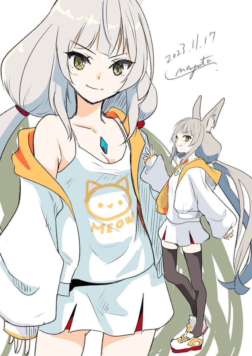 nayuta_knt's tweet image. 先日納品したSkebでのニアちゃんの私服設定ラフ
肩落としパーカーと萌え袖とでっかいスニーカーとニーハイが好き