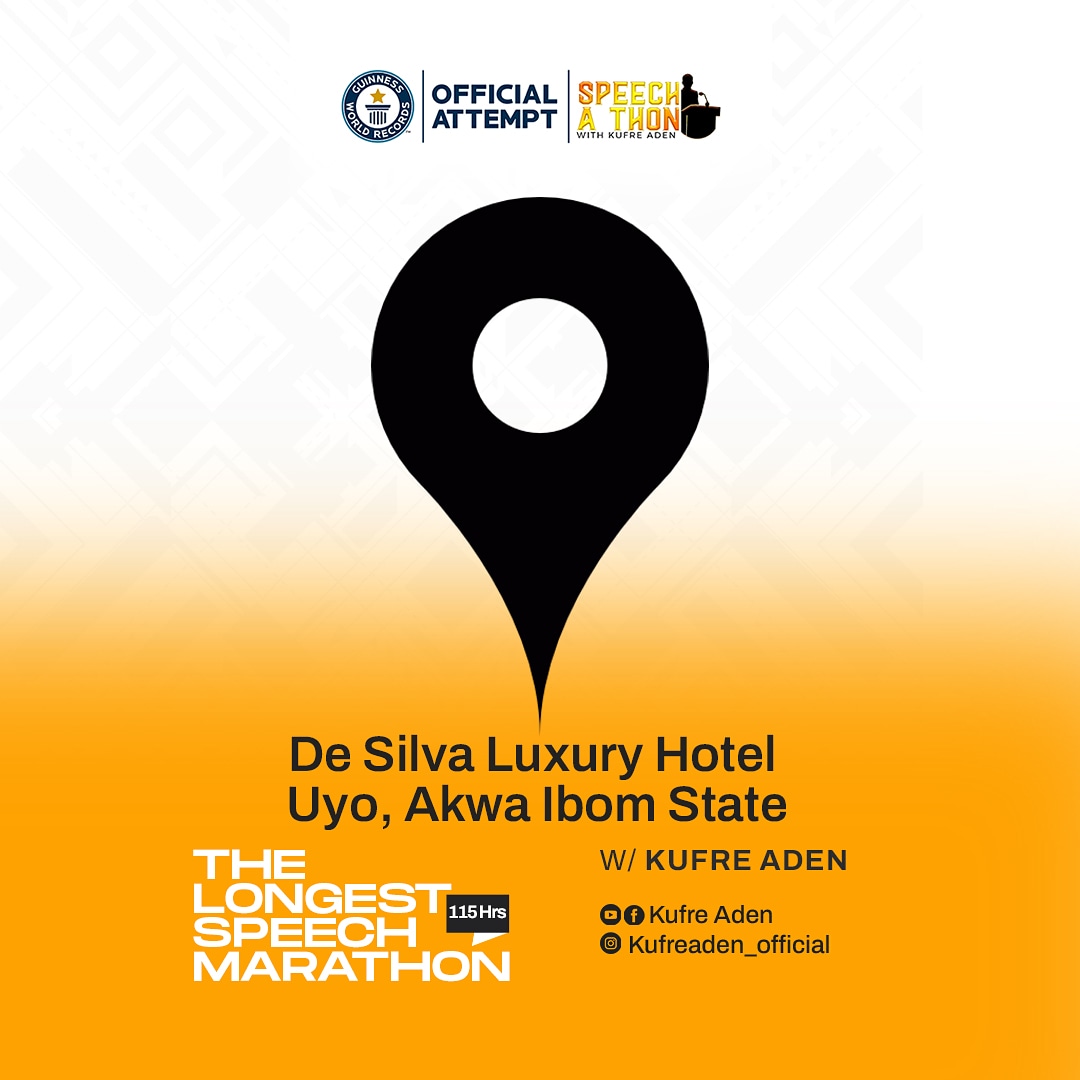 Still wondering where the  SPEECH-A-THON is happening?

We are at  De Silva Hotel, Plot 100, Line L, Ewet Housing Estate, Uyo. 

#KufreAden
#OfficialAttempt
#Guiness_World_Record
#SpeechAThon
#Echoes_Of_A_Newdawn
#PavingThe_Wayfor_Abetter_GloblaCommunity