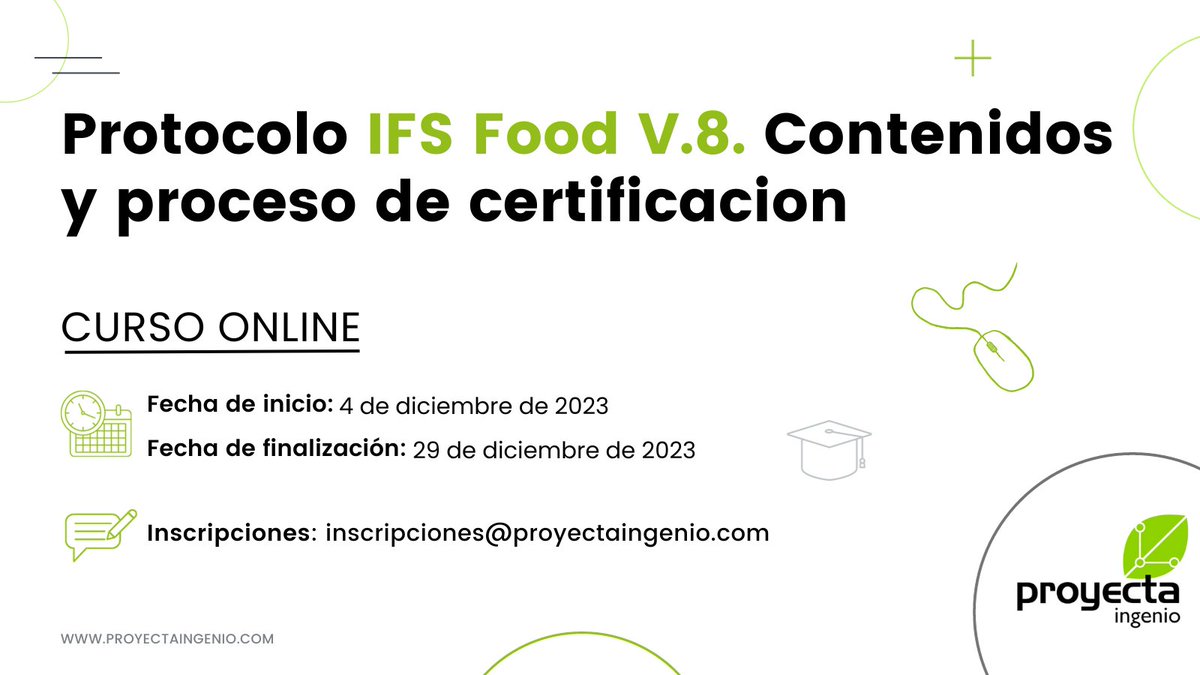 💻 NUEVO CURSO ONLINE 💻 Protocolo IFS Food V.8. Contenidos y proceso de certificación 🍅🥬✅
📅 Del 4 al 29 de diciembre.
Dirigido a técnicos de calidad y/o cualquier persona con interés en el conocimiento de la norma IFS Food.👌🏻
Inscripción 👇👇👇
acortar.link/Vz6ft0